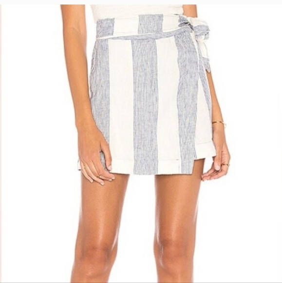Free People Uptown Days Blue White Stripe Linen Wrap Skirt Size 2 - Picture 4 of 8
